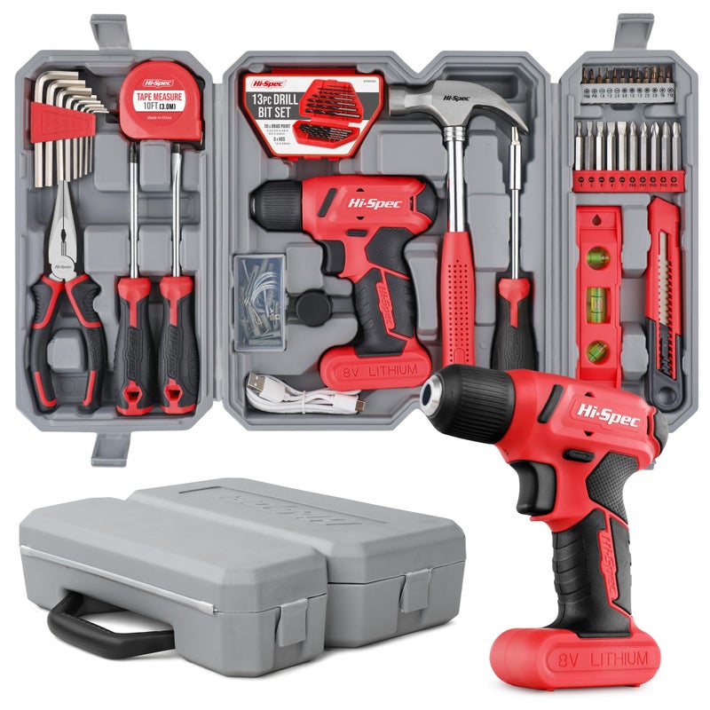Hi-Spec 58pc Red 8V USB Electric Power Cordless Drill Driver and Home DIY Tool Kit Set. Screw Driver and Drill Bit Set Accessories, Pliers and Hammer In a Toolbox Case - Image 1